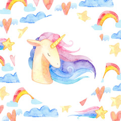 Cute unicorn horse. Fairytale children sweet dream. Rainbow animal horn character. Frame border ornament square. Aquarelle wild animal,  rainbow, heart, stars, clouds