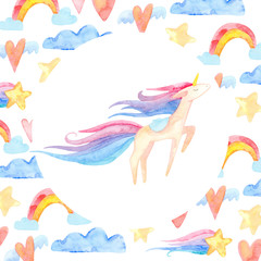 Obraz na płótnie Canvas Cute unicorn horse. Fairytale children sweet dream. Rainbow animal horn character. Frame border ornament square. Aquarelle wild animal, rainbow, heart, stars, clouds