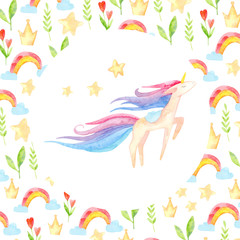 Fototapeta na wymiar Cute unicorn horse. Fairytale children sweet dream. Rainbow animal horn character. Frame border ornament square. Aquarelle wild animal, rainbow, heart, stars, clouds