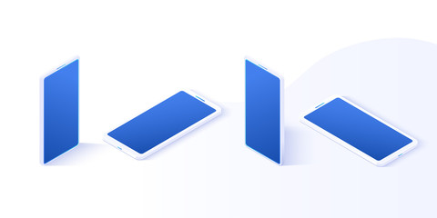 Smartphone illustration in isometric vector design. Isolated smart phone in various angles on white background. Cellphone with clean screen for mockup or website usage.