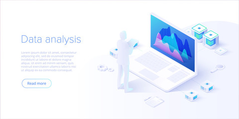 Data analysis in isometric vector design. Technician in datacenter or data center room background. Network mainframe infrastructure website layout. Computer storage or farming workstation. - obrazy, fototapety, plakaty