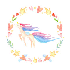 Obraz na płótnie Canvas Cute unicorn horse. Fairytale children sweet dream. Circle frame, wreath with watercolor tender pink unicorn, hand drawn on a white background