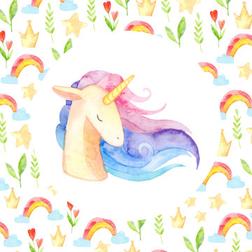 Cute unicorn horse. Fairytale children sweet dream. Rainbow animal horn character. Frame border ornament square. Aquarelle wild animal,  rainbow, heart, stars, clouds