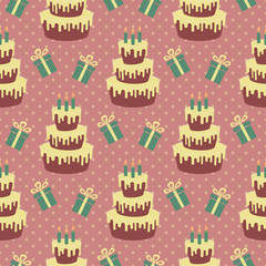 Birthday cake with candles and gifts. Seamless vector illustration