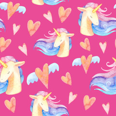perfect for prints, greetings, invitations, wrapping paper, textile. watercolor seamless pattern. cute childish illustration. fabulous rainbow character. Cartoon unicorn, cloud, star, heart.