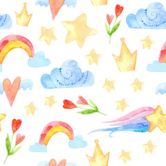perfect for prints, greetings, invitations, wrapping paper, textile. watercolor seamless pattern. cute childish illustration. fabulous rainbow character. Cartoon unicorn, cloud, star, heart.