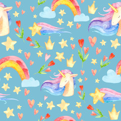 Obraz premium watercolor seamless pattern. cute childish illustration. fabulous rainbow character. Cartoon unicorn, cloud, star, heart. perfect for prints, greetings, invitations, wrapping paper, textile