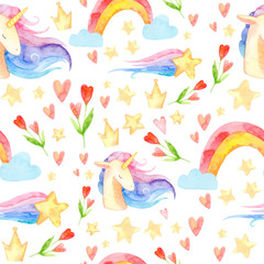watercolor seamless pattern. cute childish illustration. fabulous rainbow character. Cartoon unicorn, cloud, star, heart. perfect for prints, greetings, invitations, wrapping paper, textile