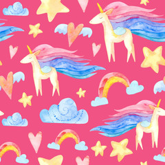 watercolor seamless pattern. cute childish illustration. fabulous rainbow character. Cartoon unicorn, cloud, star, heart. perfect for prints, greetings, invitations, wrapping paper, textile