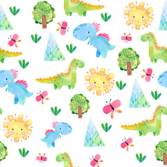 Hand drawn seamless pattern with dinosaurs and floral elements. Perfect for kids fabric, textile, nursery wallpaper. Cute watercolor illustration