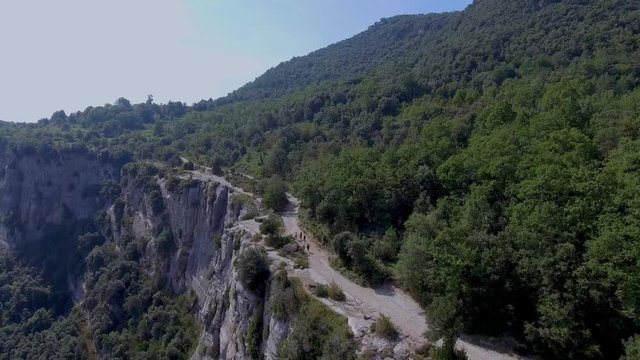 Beautiful spanish landscape near the small village Rupit and Pruit. Aerial view around natural cliff. Barcelona province, Spain.