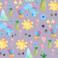 Hand drawn seamless pattern with dinosaurs and floral elements. Perfect for kids fabric, textile, nursery wallpaper. Cute watercolor illustration