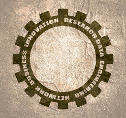 Technology relative words on the gear. Concept in industrial design.