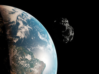 3d rendered illustration of an asteroid infront of the earth