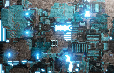 Futuristic blue tech panel background with lots of details