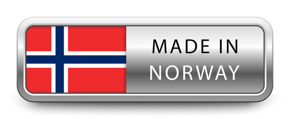 MADE IN NORWAY metallic badge with national flag isolated on white background