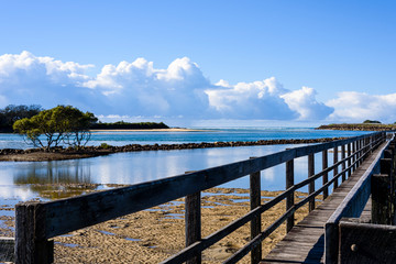 Landscape of Urunga lagoon with boardwalk. It is a famous holiday destination in New South Wales, Australia.