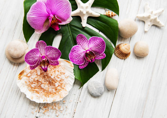 Fototapeta na wymiar Natural spa ingredients with orchid flowers