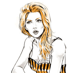 Fashion illustration, portrait of woman looking at side