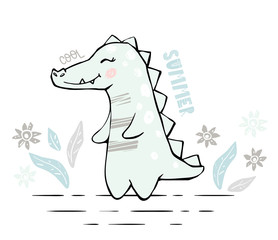 Crocodile baby girl cute print. Sweet dinosaur. Cool summer slogan. Cool african animal illustration for nursery, playroom, t-shirt