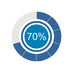 Blue pie graph and chart with 70 percentage. Vector graphic illustration of flat design.
