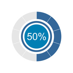 Blue pie graph and chart with 50 percentage. Vector graphic illustration of flat design.