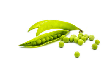 peas in a pod and a scattering of isolated on white background
