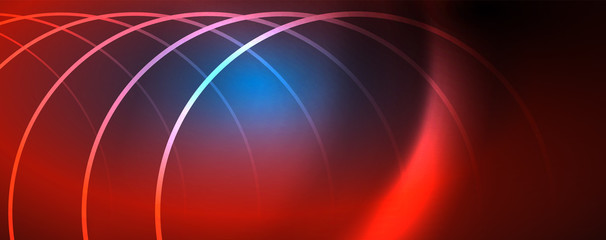Trendy neon blue abstract design with waves and circles. Neon light glowing effect. Abstract digital background.
