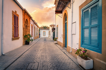 Colorful houses, widows and doors in Nicosia old town, capital of Cyprus - obrazy, fototapety, plakaty