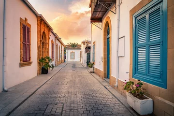 Zelfklevend Fotobehang Colorful houses, widows and doors in Nicosia old town, capital of Cyprus © Evgeni