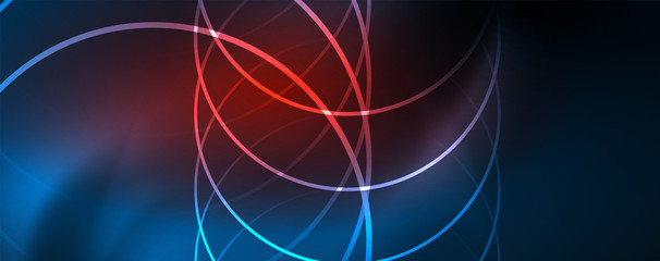 Trendy neon blue abstract design with waves and circles. Neon light glowing effect. Abstract digital background.