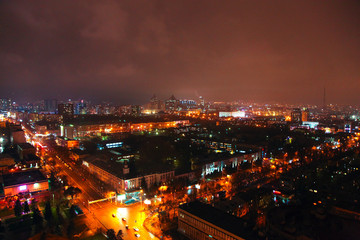 Almaty city, view of KIMEP University at night, Kazakstan