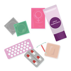 Safe sex and birth control. Set of contraception methods condom and patch, oral contraceptive pills, suppository and spermicide, female condom and calendar method. Vector illustration