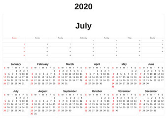 2020 a monthly calendar  with white background.