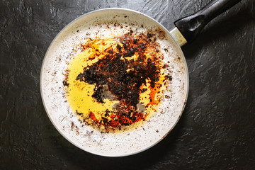 Burnt pan in oil. Unhealthy food. Damaged kitchenware.