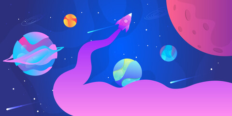 Obraz premium Vector illustration. Horizontal space background with abstract shape and planets. Web design. Space exploring. 