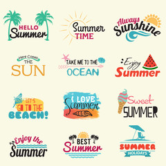 Summer labels, logos, hand drawn tags and elements set for summer holiday, travel, beach vacation, sun. Vector illustration. - Vector
