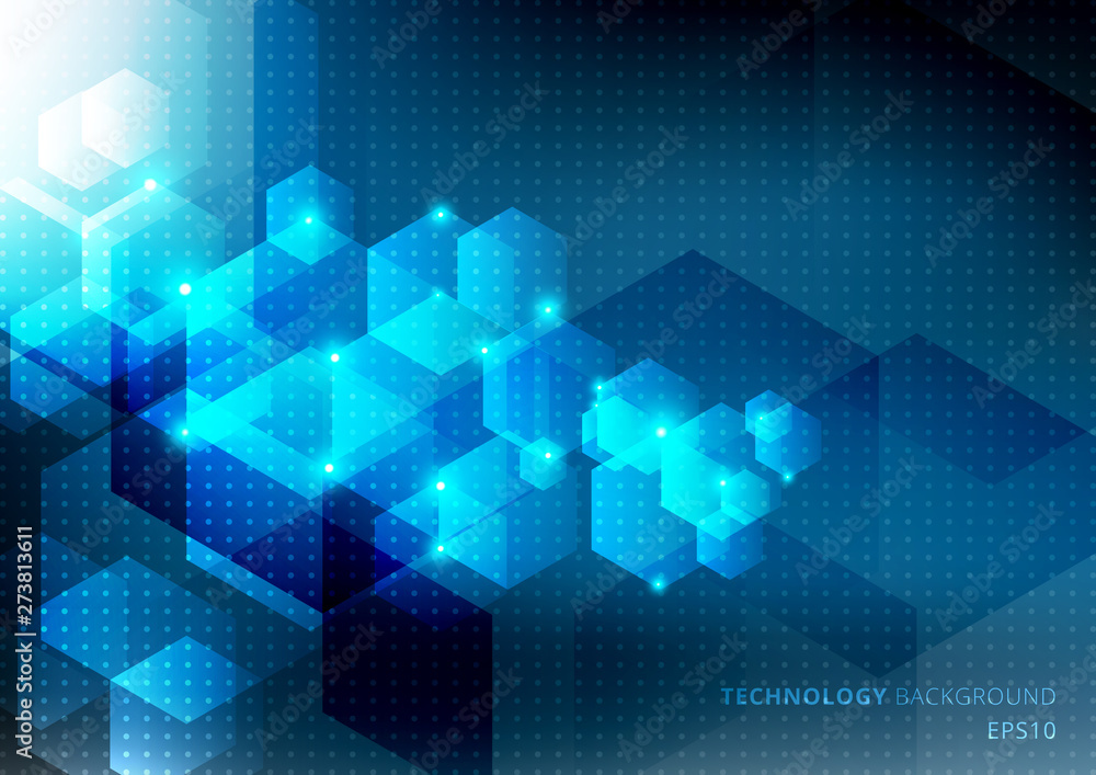 Poster abstract science and technology concept from blue hexagons elements glow on dark blue background wit