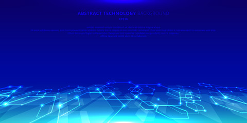 Abstract technology hexagons genetic and social network pattern perspective on blue background. Future geometric template elements hexagon with glow nodes. Business presentation 