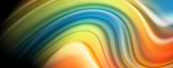 Obraz premium Modern rainbow liquid color flow colorful poster. Wave Liquid shape in black color background. Abstract composition