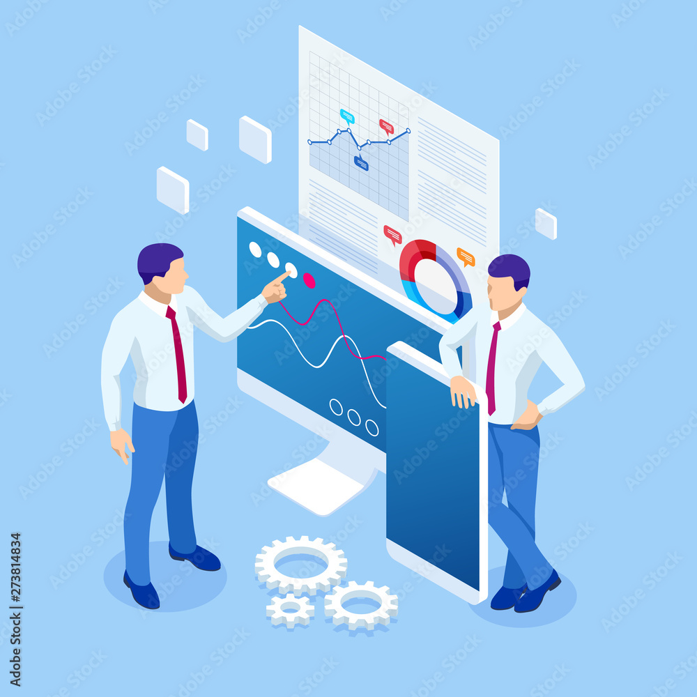 Poster isometric business analytics and financial technology, data visualization concept. business analytic
