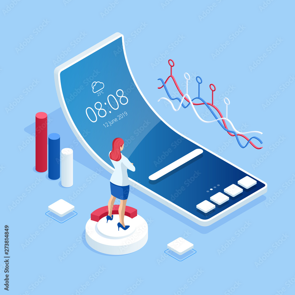 Poster isometric business analytics and financial technology, data visualization concept. business analytic
