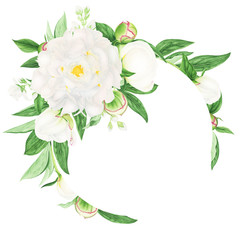 Obraz premium Frame with white peonies, leaves and jasmine flowers, watercolor painting.
