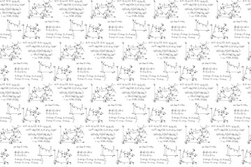 Physics seamless pattern with the equations, figures, schemes, formulas and other calculations on whiteboard. Retro scientific handwritten vector Illustration.