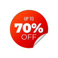 Red Vector Banner Sticker on white background, up to 70 percent off