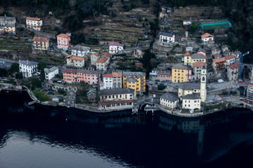 Coastal settlements on Lake Como. Bird's-eye view. Italy.