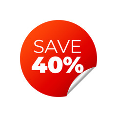 Red Vector Banner Sticker on white background, save 40 percent