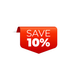 Red Vector Banner Ribbon on white background, top bookmark, save 10 percent