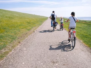 Peel and stick wall murals North sea, Netherlands Back view cyclists family traveling on the road in the dune area of Schiermonnikoog island. Active family sport. Summer travel and vacation concept