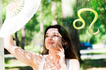 Astrology zodiac sign and woman, lion zodiac symbol